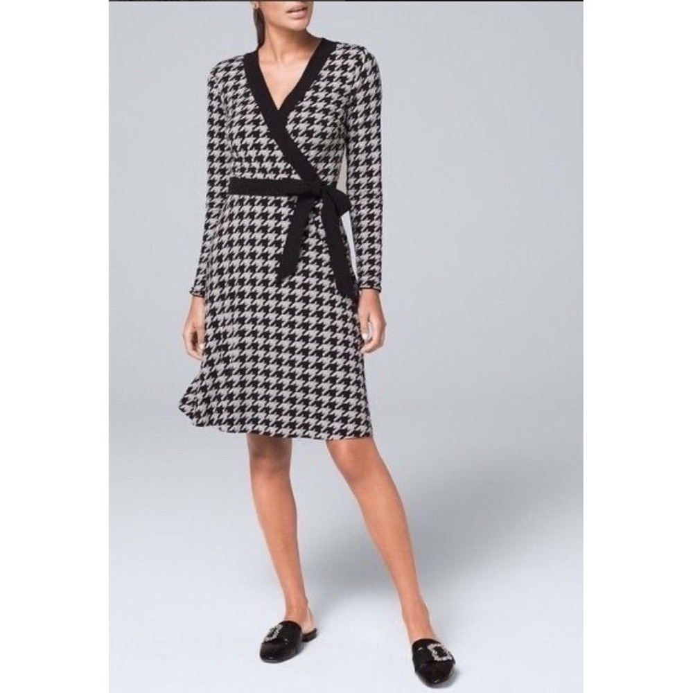 White House Black Market Dress Womens 6 Houndstooth Print Wrap Long Sleeve Black